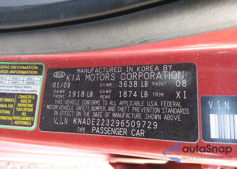 2009 Kia Rio Lx z USA, uszkodzony, nr VIN KNADE223296509729